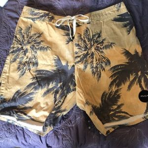 RVCA Yellow and Navy Vintage Style Palm Board Shorts